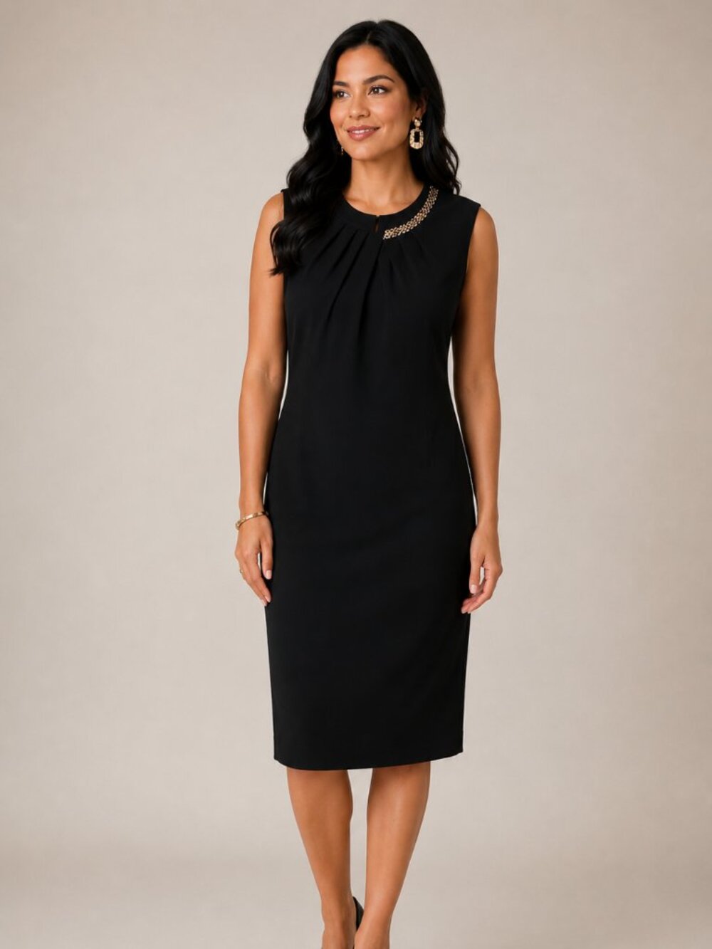 Julian Taylor Black Sheath Dress Gold Embellished Neckline Size 14